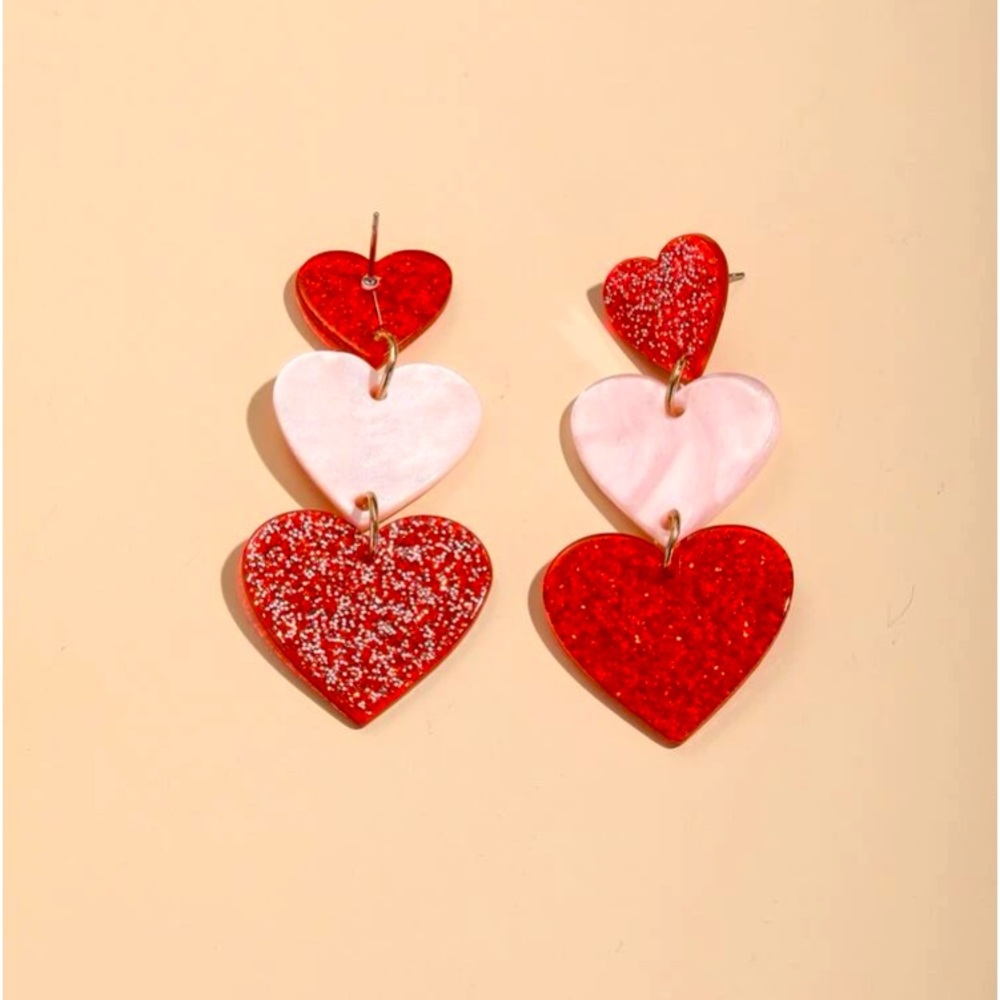 Love, Dahling, Laahve ♥️💖♥️Red & Pink SPARKLE HeartS Drop Earrings - Picture 2 of 10